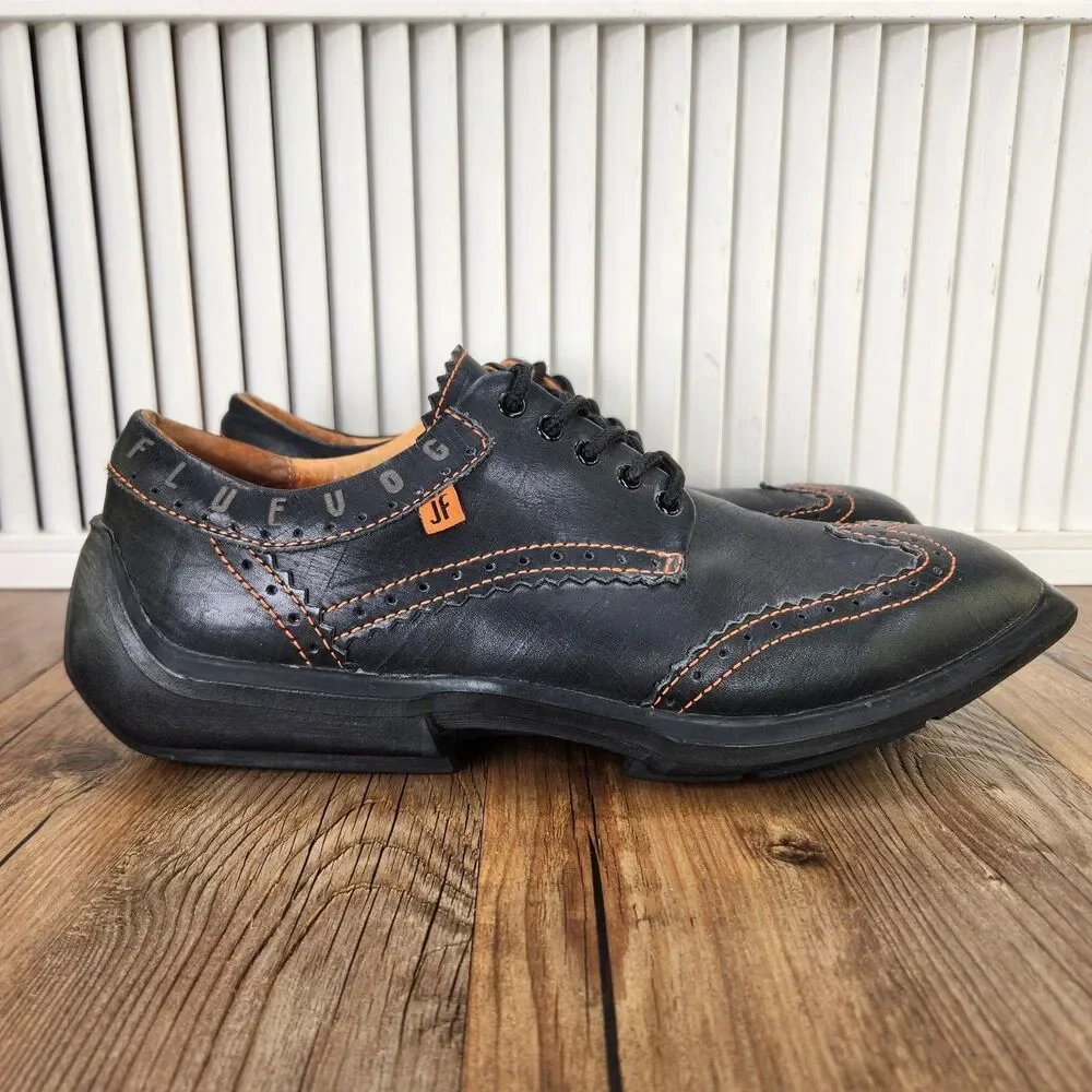 John Fluevog Future Angel Charles Wingtip Shoes Men's 12 Black Brogue Square Toe